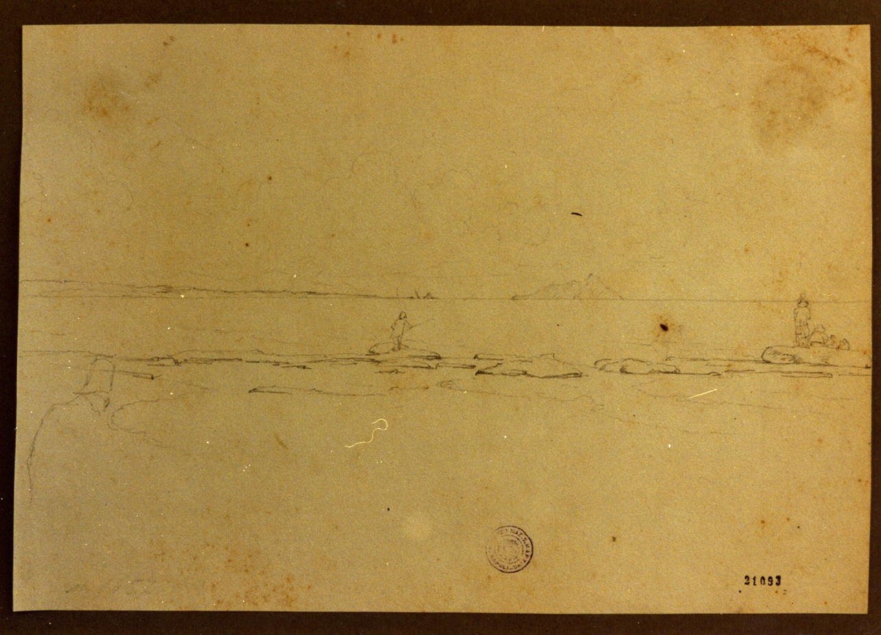 pescatori sugli scogli (disegno) di Larsen Emanuel (metà sec. XIX)