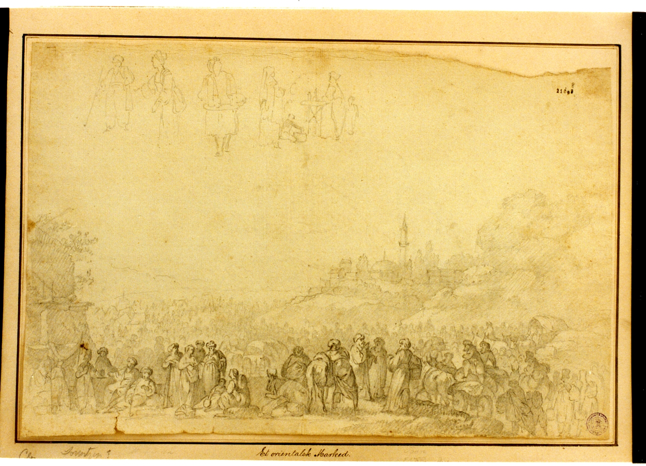 scena di mercato (disegno) di Lorentzen Christian August (sec. XIX)