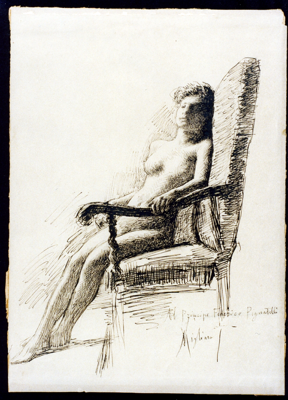 figura femminile nuda seduta (disegno) di Migliaro Vincenzo (ultimo quarto sec. XIX)