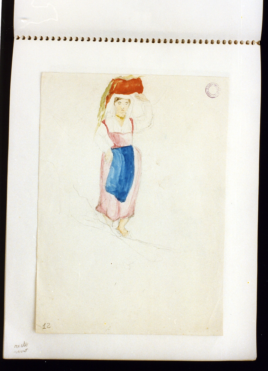 figura femminile con fardello sul capo (disegno) - ambito europeo (sec. XIX)