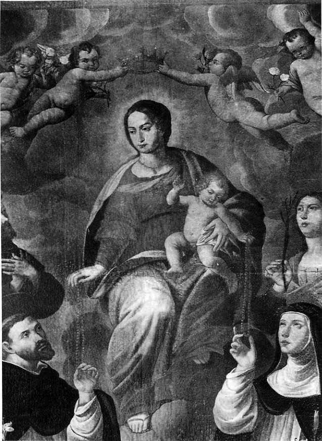 Madonna del Rosario con San Domenico e Santa Caterina, santi e misteri del rosario (dipinto) - ambito campano (sec. XVIII)