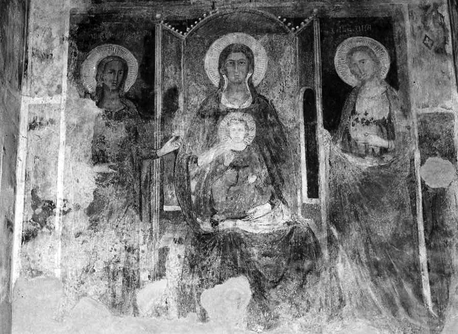 Madonna con Bambino in trono con Santa Maria Maddalena e Santa Caterina d'Alessandria (dipinto) - ambito campano (sec. XIV)