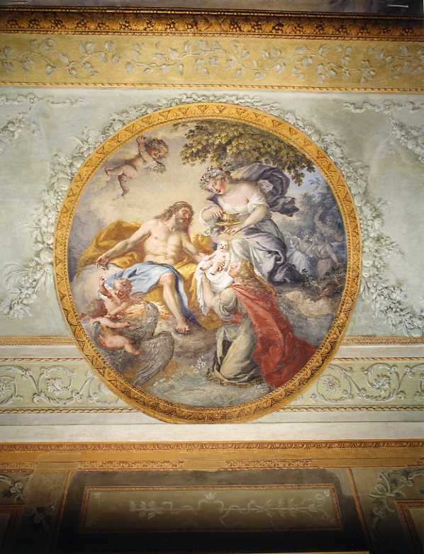Mercurio affida Bacco fanciullo alle ninfe del monte Nisa (dipinto) di Fiaschetti Fedele (sec. XVIII)