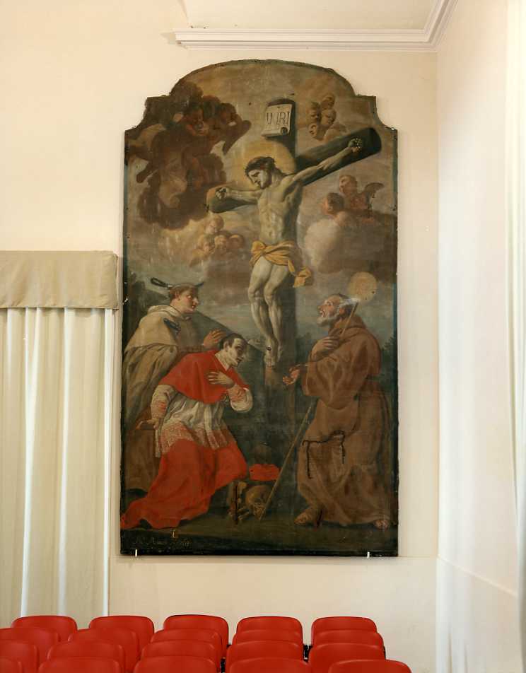 crocifissione di Cristo con Sant'Angelo, San Carlo Borromeo e San Francesco di Paola (dipinto) di Mensele Nicola (sec. XVIII)