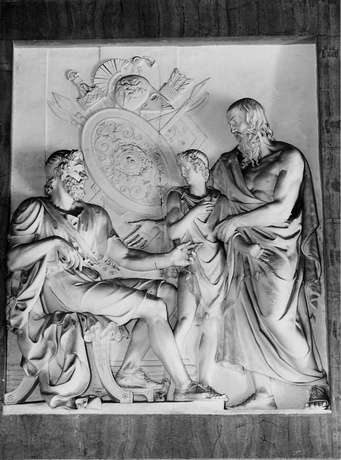 Filippo il Macedone affida Alessandro giovinetto ad Aristotele perchè completi la sua educazione (rilievo) di Angelini Tito (sec. XIX)