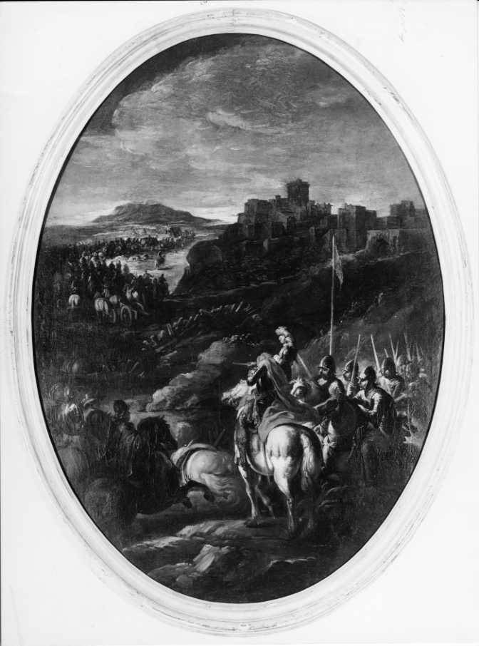 esercito in marcia sotto una fortezza (dipinto) di Spolverini Ilario (primo quarto sec. XVIII)