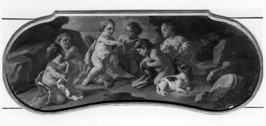 SEI PUTTI CON SIMBOLI DELLA MAESTA' (dipinto) di De Mura Francesco (seconda metà sec. XVIII)