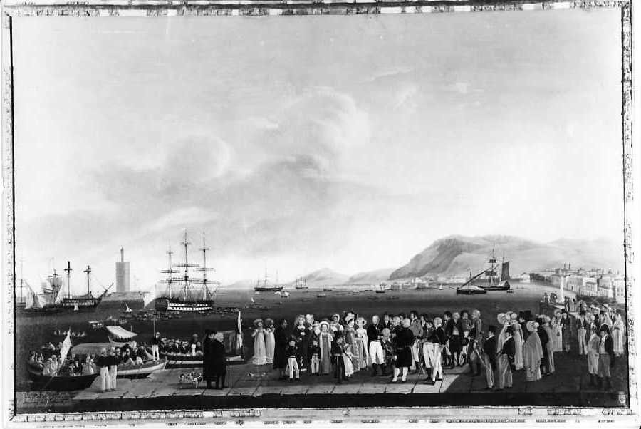 La partenza delle SS. AA. Duchi di Calabria da Palermo, veduta di città (dipinto, opera isolata) di Cobianelli (primo quarto sec. XIX)