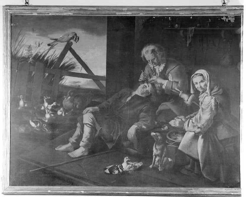 La ferita in fronte ad un figlio di contadini, Scena di genere (dipinto, serie) di Cipper Francesco (seconda metà sec. XVIII)