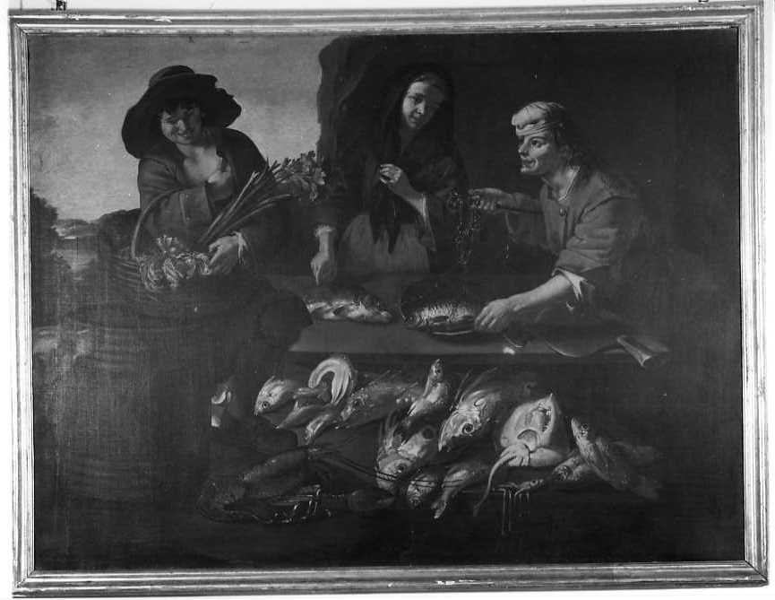 Il pescivendolo e l'ortolano con una cliente, Scena di genere (dipinto, serie) di Cipper Francesco (seconda metà sec. XVIII)
