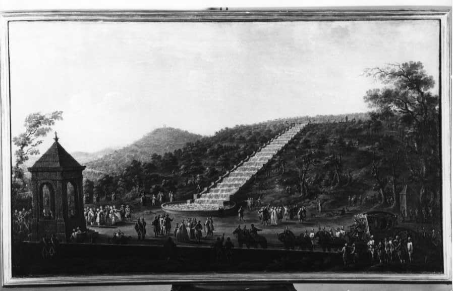 Inaugurazione della cascata del parco della Reggia di Caserta, veduta: Caserta: cascata del parco della Reggia (dipinto, opera isolata) di Joli Antonio (attribuito) (terzo quarto sec. XVIII)