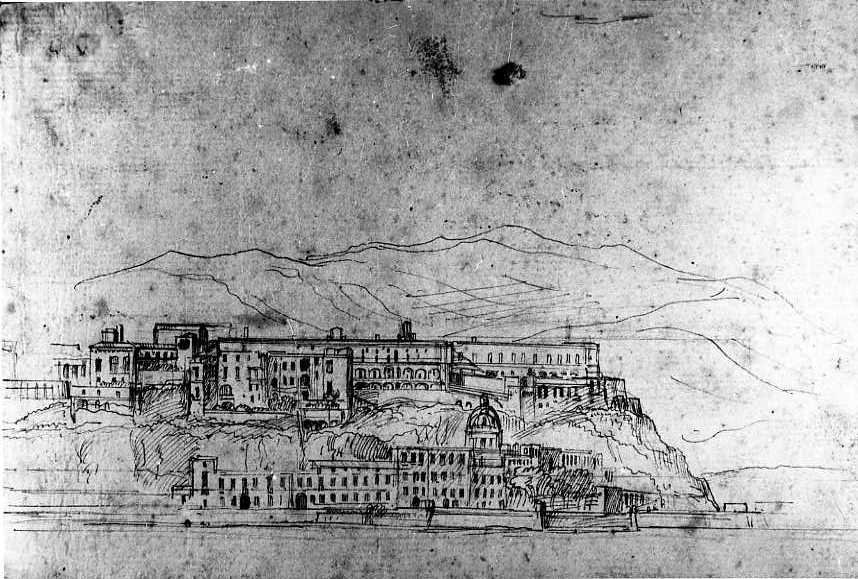 Chiatamone e il Monte Echia visti dal mare (disegno) di Van Wittel Gaspar (fine/inizio secc. XVII/ XVIII)