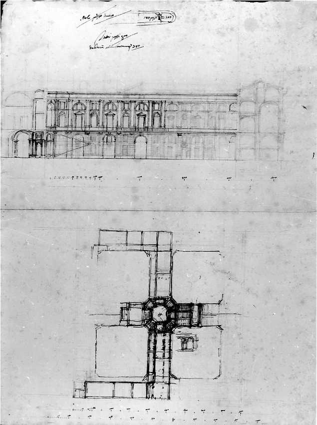 pianta e prospetto della Reggia di Caserta (disegno, serie) di Vanvitelli Luigi (sec. XVIII)