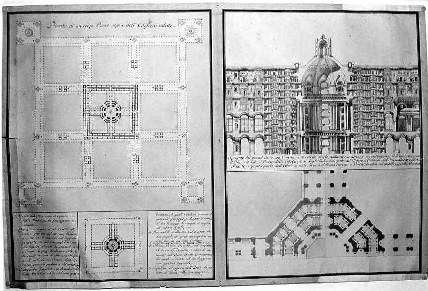 pianta della reggia di Caserta/ spaccato dell'atrio (disegno, serie) di Vanvitelli Luigi (prima metà sec. XVIII)