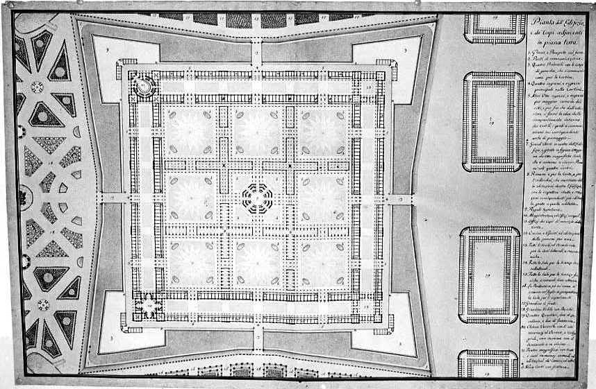pianta della reggia di Caserta/ corpi adiacenti a piano terra (disegno, serie) di Vanvitelli Luigi (prima metà sec. XVIII)