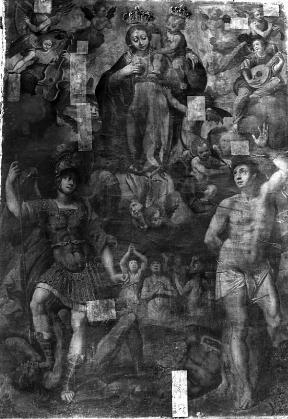 Madonna con Bambino tra San Sebastiano e San Michele Arcangelo (dipinto) - ambito campano (sec. XVII)