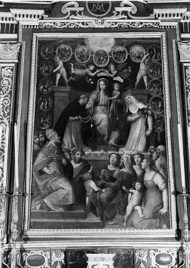 Madonna del Rosario con San Domenico e Santa Caterina, santi e misteri del rosario (dipinto) di Balducci Giovanni detto Cosci (attribuito) (inizio sec. XVII)