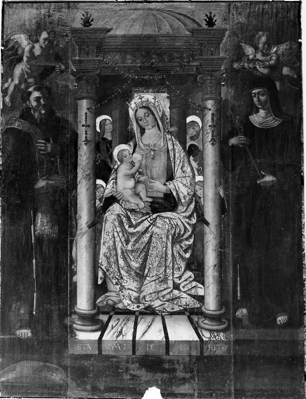 Madonna in trono con Bambino tra San Bonaventura e Santa Rosa da Viterbo (dipinto) - ambito campano (fine/inizio secc. XV/ XVI, sec. XVIII)