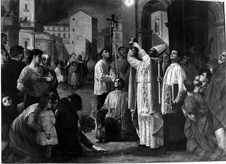 celebrazione della messa all'aperto (dipinto) di Iodice Raffaele (prima metà sec. XX)