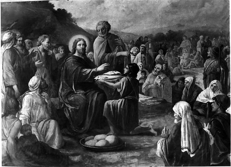 moltiplicazione dei pani e dei pesci (dipinto) di Iodice Raffaele (prima metà sec. XX)