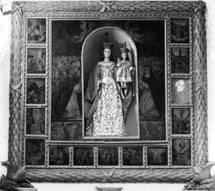 Madonna del Rosario con San Domenico e Santa Caterina, santi e misteri del rosario (polittico) - ambito campano (ultimo quarto sec. XVI)