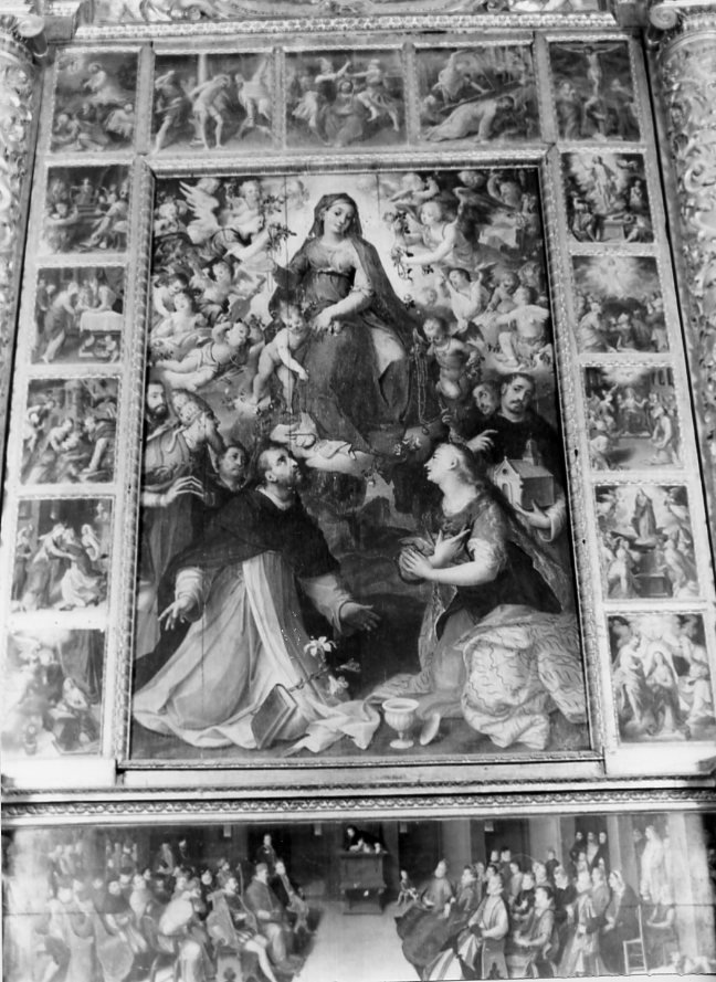 Madonna del Rosario con San Domenico e Santa Caterina, santi e misteri del rosario (scomparto di polittico) di Hendricksz Dirk detto Teodoro d'Errico (attribuito) (sec. XVI)
