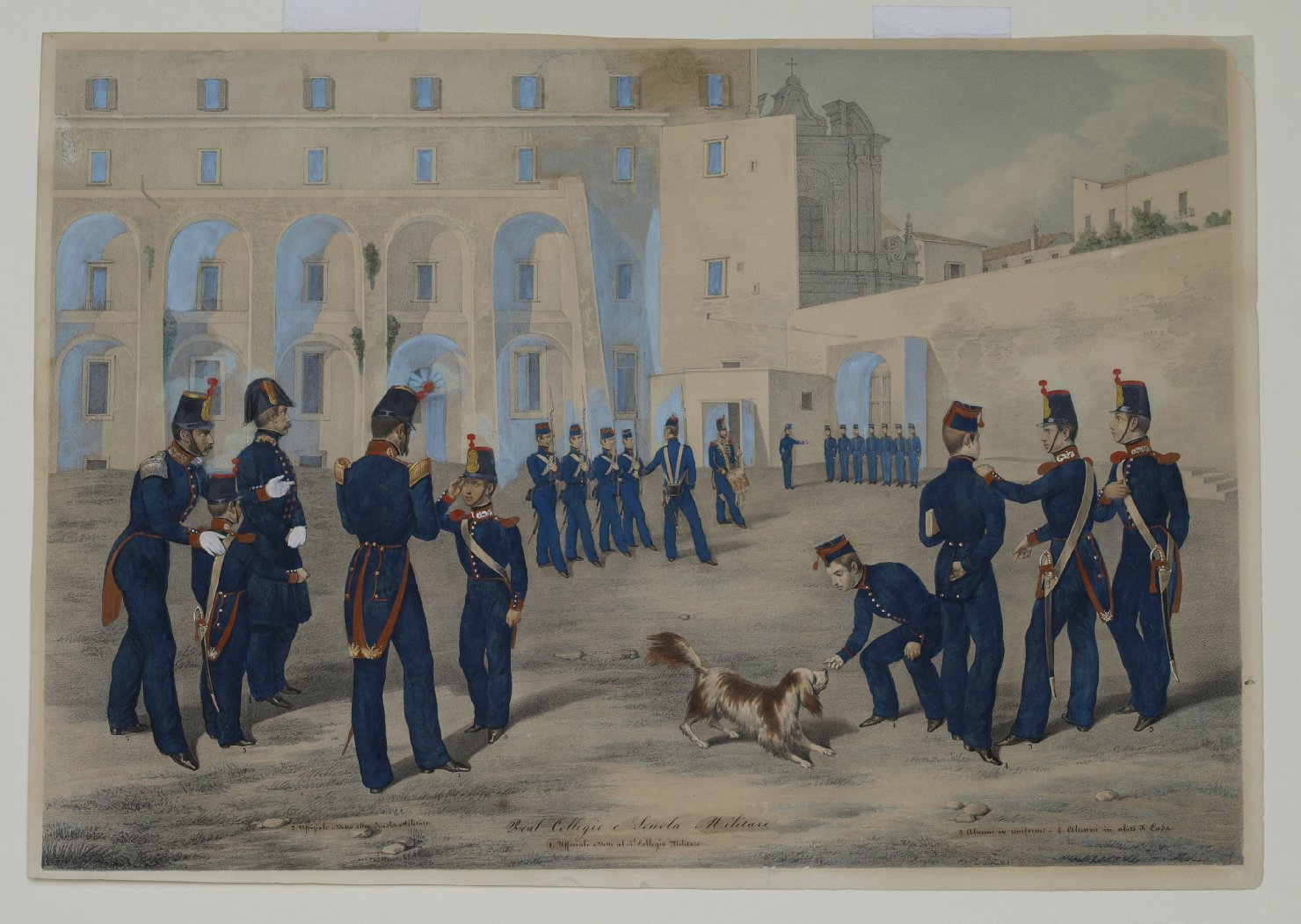 Real Collegio di scuola militare, militari (stampa a colori) di Aloja Gennaro, Morghen Luigi (prima metà sec. XIX)