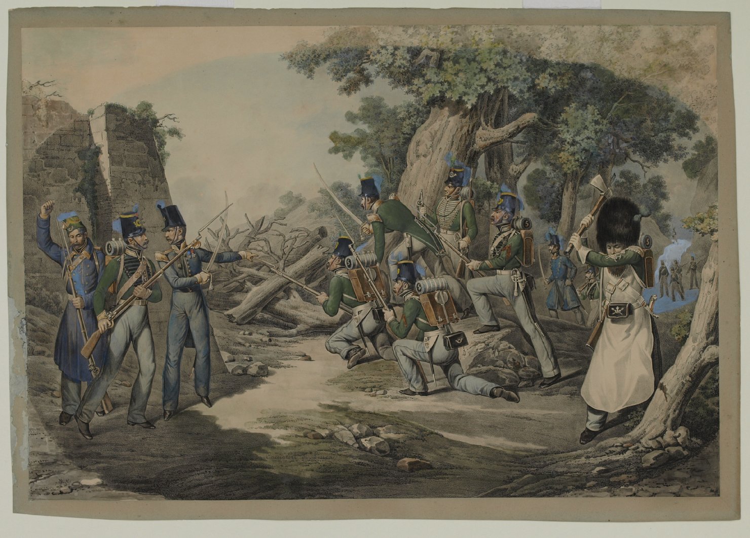 Cacciatori di Linea, militari in battaglia (stampa a colori) di Aloja Gennaro, Morghen Luigi (prima metà sec. XIX)