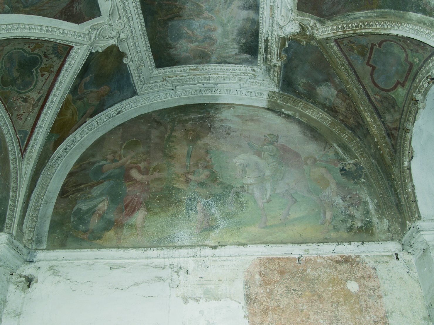 Giuditta mostra al popolo la testa di Oloferne (soffitto dipinto, ciclo) di Bellisario Corenzio (cerchia), Pussè Agostino (cerchia), Spallucci Camillo (cerchia) (primo quarto sec. XVII)