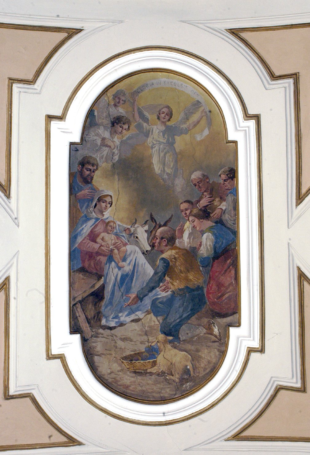 Personaggi: la Sacra famiglia, i pastori, Angeli festanti con nastri, adorazione dei pastori (dipinto, opera isolata) - ambito campano (sec. XIX)