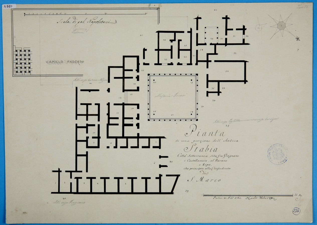 planimetria villa Arianna a Stabia (disegno) di Weber Carlo (terzo quarto sec. XVIII)