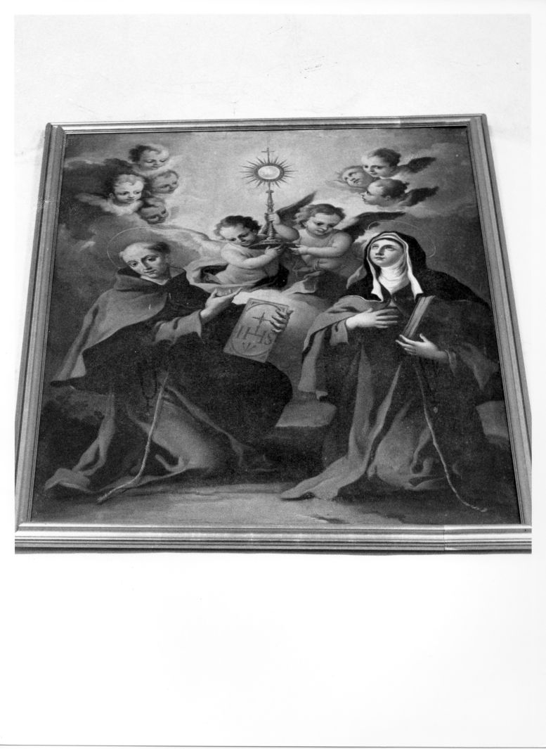 Santi Bernardino da Siena e Santa francescana in adorazione dell'Eucaristia (dipinto) di Guarino Domenico (attribuito) (primo quarto sec. XVIII)