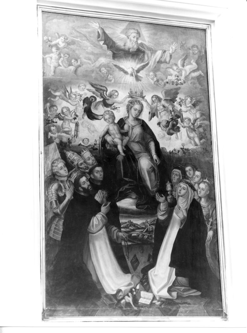 Madonna del Rosario con San Domenico, Santa Caterina da Siena e Santi domenicani (scomparto di polittico) di Landulfo Pompeo (attribuito) (secc. XVI/ XVII)