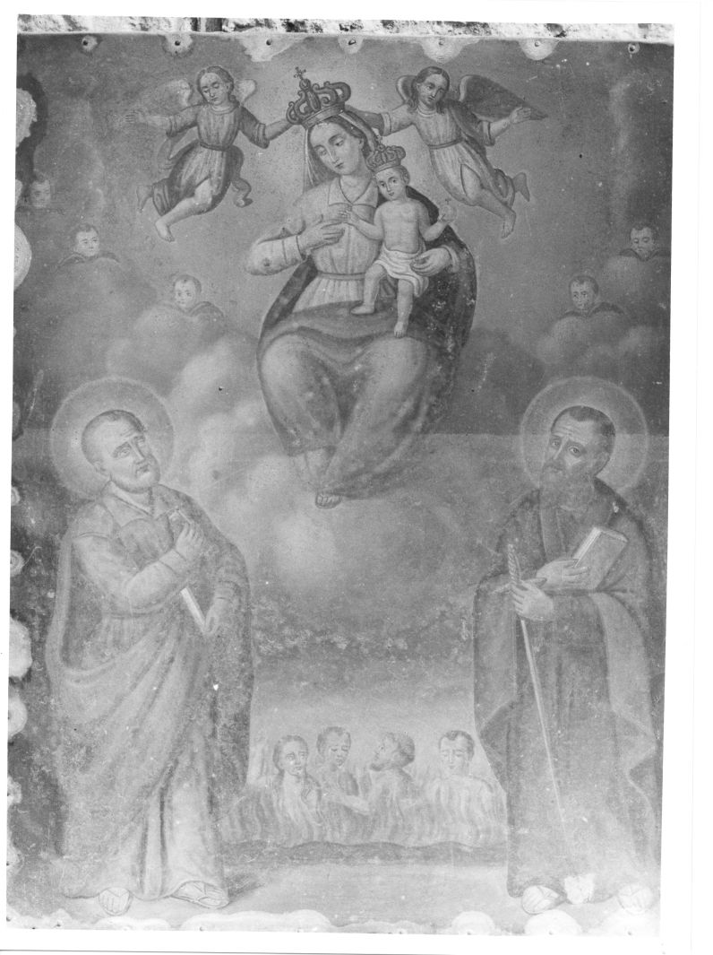 Madonna con personaggi che implorano il suo aiuto (dipinto) - ambito Italia meridionale (secc. XVIII/ XIX)