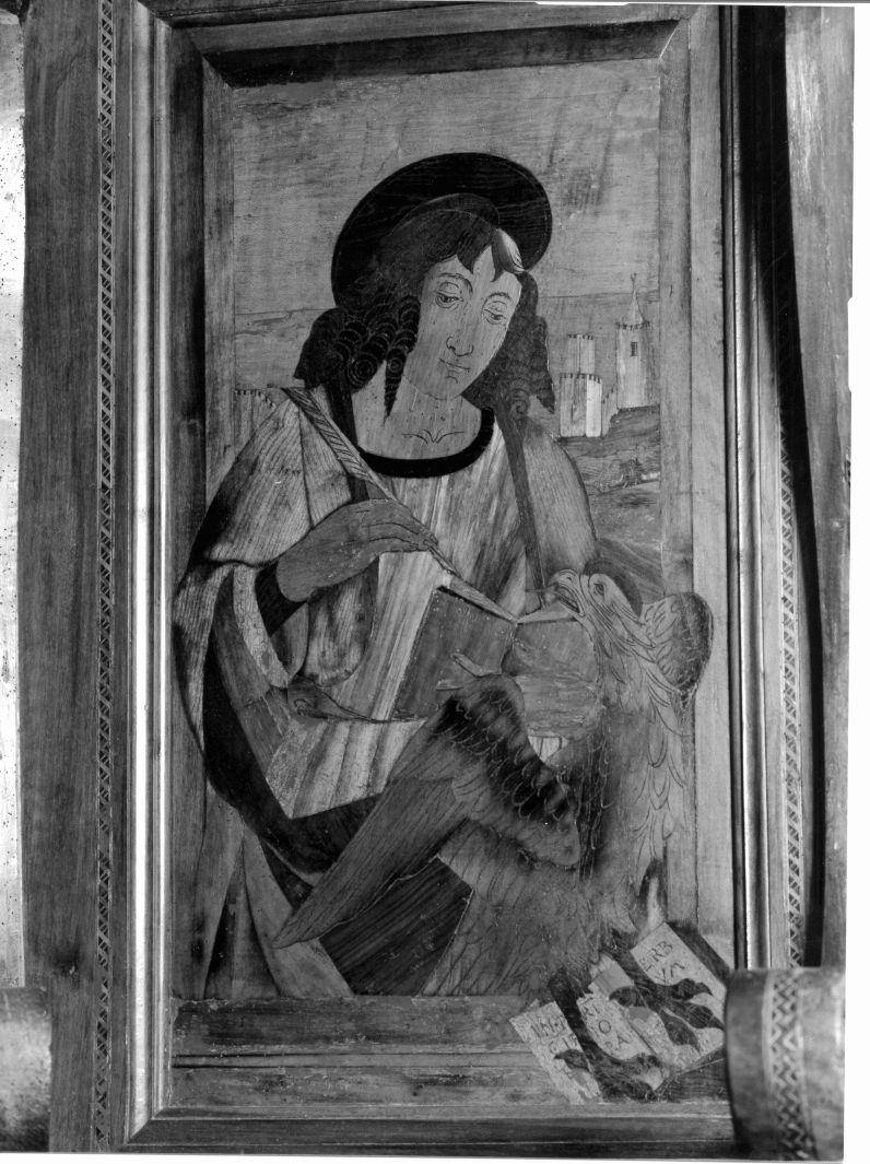 San Giovanni Evangelista (pannello di stallo di coro, elemento d'insieme) di Gallo Giovanni (sec. XVI)
