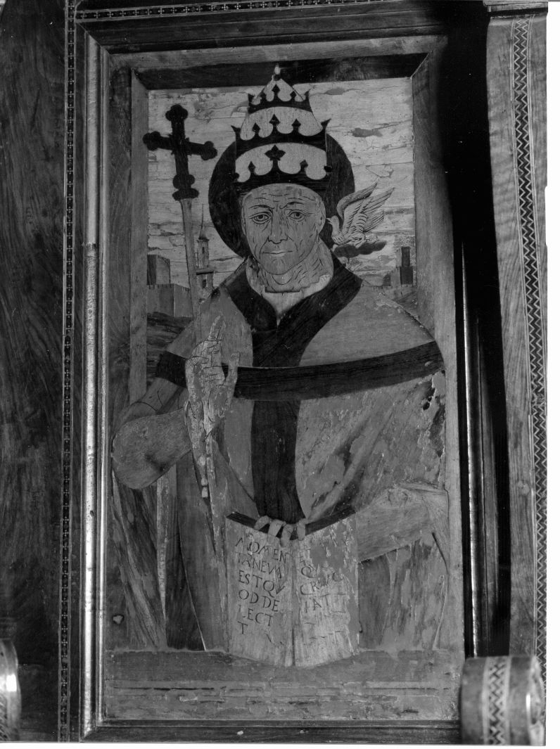 San Gregorio Magno (pannello di stallo di coro, elemento d'insieme) di Gallo Giovanni (sec. XVI)