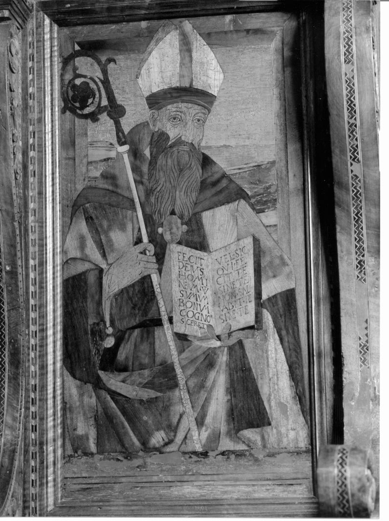 Sant'Agostino (pannello di stallo di coro, elemento d'insieme) di Gallo Giovanni (sec. XVI)