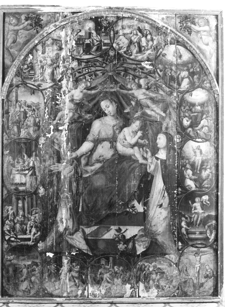 Madonna del Rosario con Santi domenicani e misteri del rosario (dipinto) di Tramontano Decio (attribuito) (seconda metà sec. XVI)