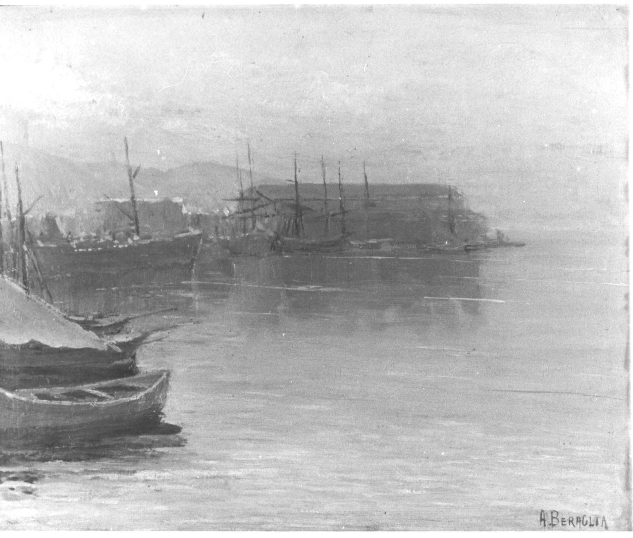Alba sul porto di Salerno (dipinto) di Beraglia Arturo (sec. XX)