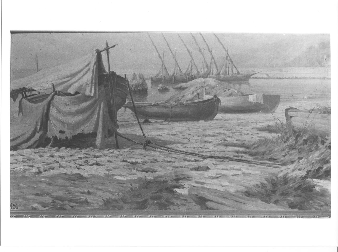 Dopo la pesca, marina con barche (dipinto) di Avallone Mario (sec. XX)