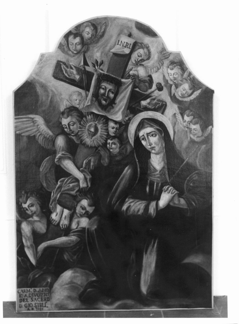Madonna con angeli e simboli della passione (dipinto, opera isolata) - ambito campano (sec. XVIII)