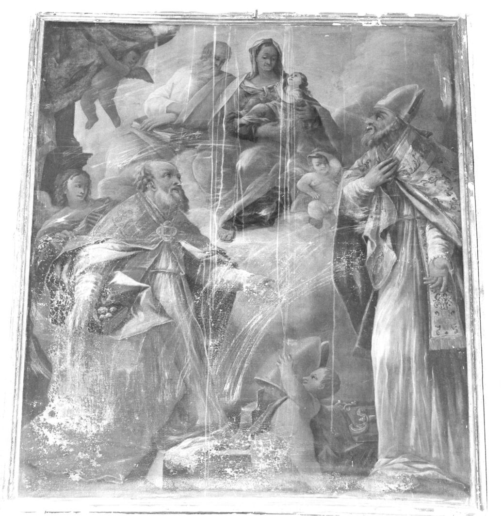 Madonna con Bambino fra angeli e cherubini con San Nicola di Bari e altri santi (dipinto) di Mozzillo Angelo (bottega) (sec. XVIII)