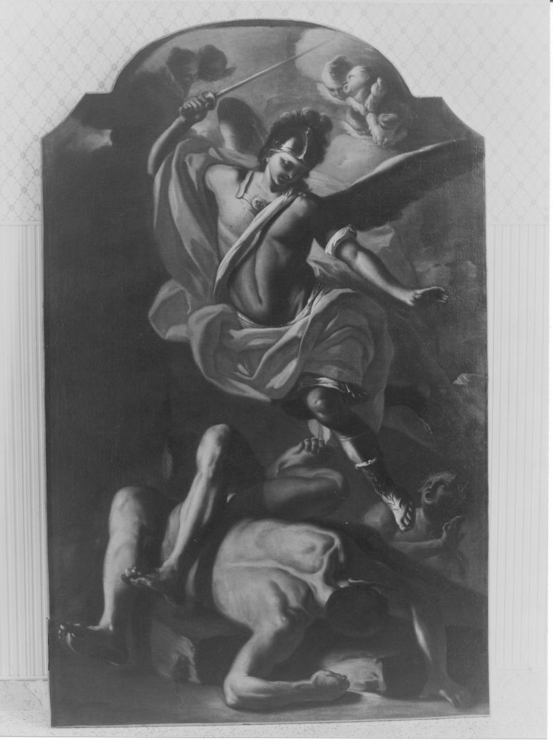 San Michele Arcangelo scaccia gli angeli ribelli dal paradiso (dipinto) di Peccheneda Nicola (attribuito) (seconda metà sec. XVIII)
