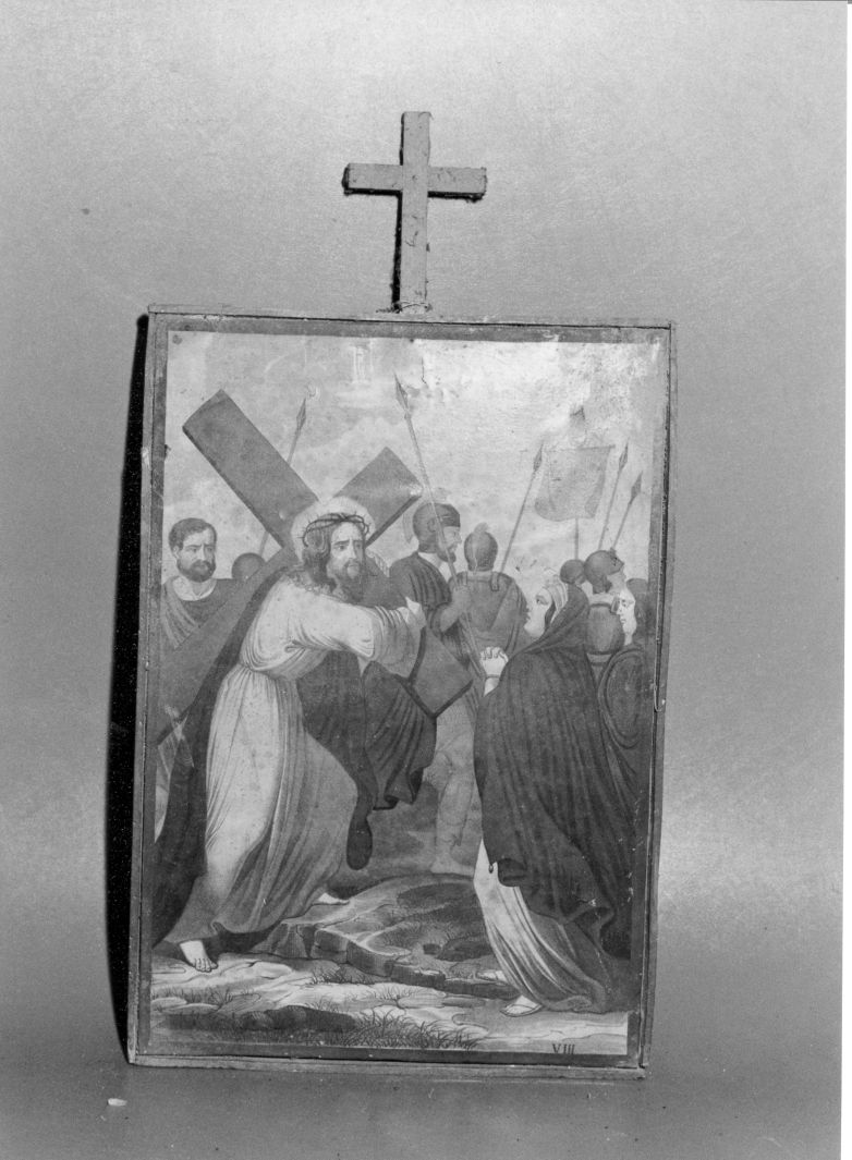 stazione VIII: Gesù consola le donne di Gerusalemme (stampa colorata a mano, serie) - ambito Italia centro-meridionale (fine/inizio secc. XIX/ XX)