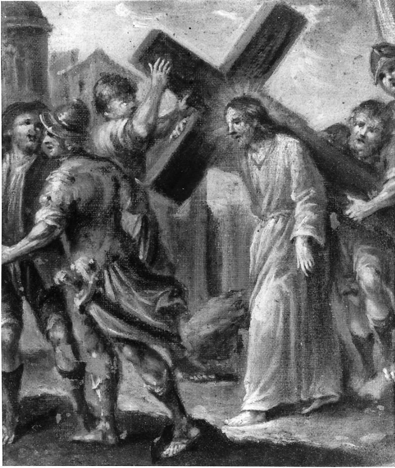 stazione V: Gesù aiutato da Simone il Cireneo a portare la croce (Via Crucis, ciclo) - ambito romagnolo (sec. XVIII)