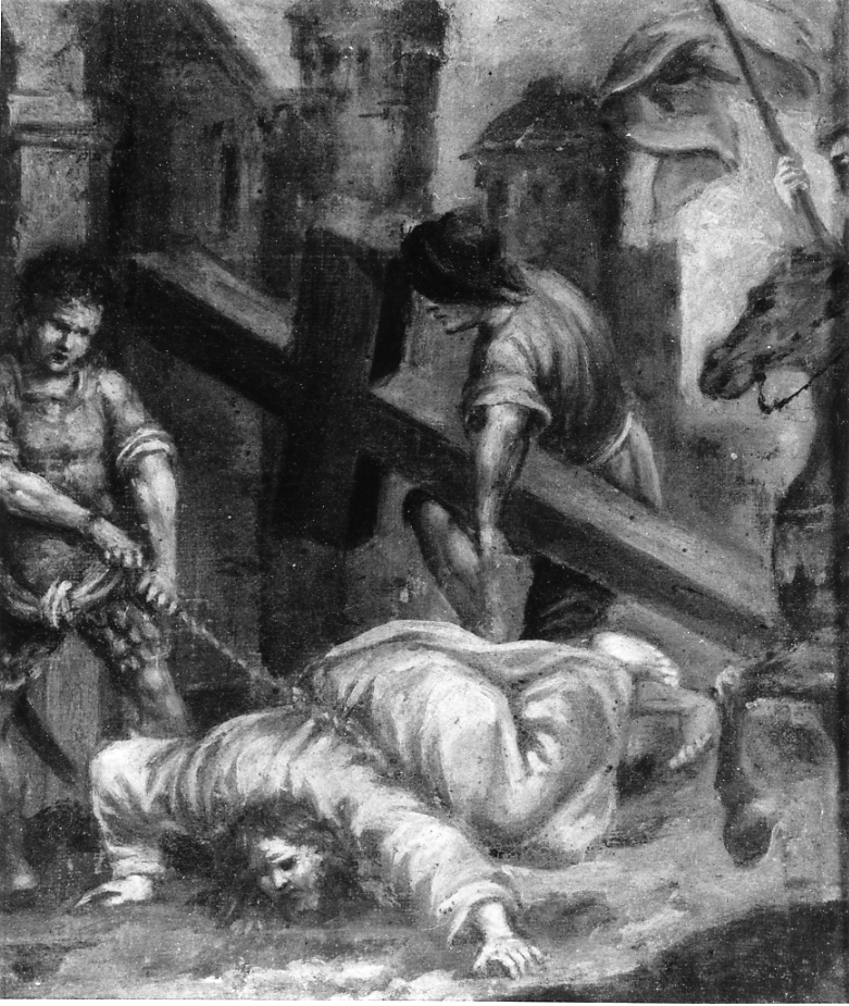 stazione VII: Gesù cade sotto la croce la seconda volta (Via Crucis, ciclo) - ambito romagnolo (sec. XVIII)
