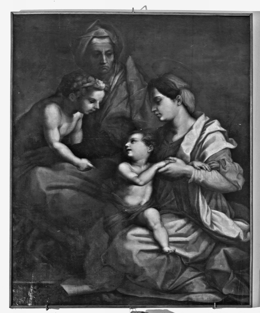 Madonna con Bambino, San Giovannino e Sant'Anna (dipinto) di Andrea del Sarto (maniera) (ultimo quarto sec. XVI)