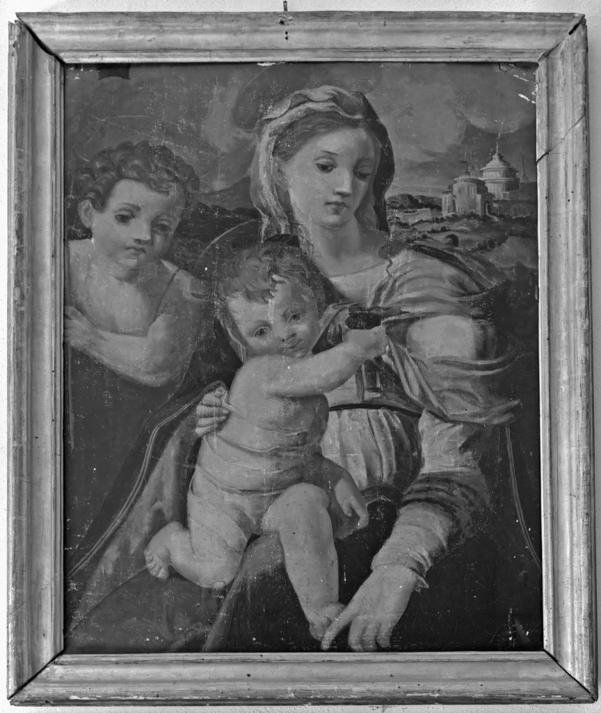 Madonna con Bambino e San Giovannino (dipinto) di Allori Alessandro (cerchia) (seconda metà sec. XVI)