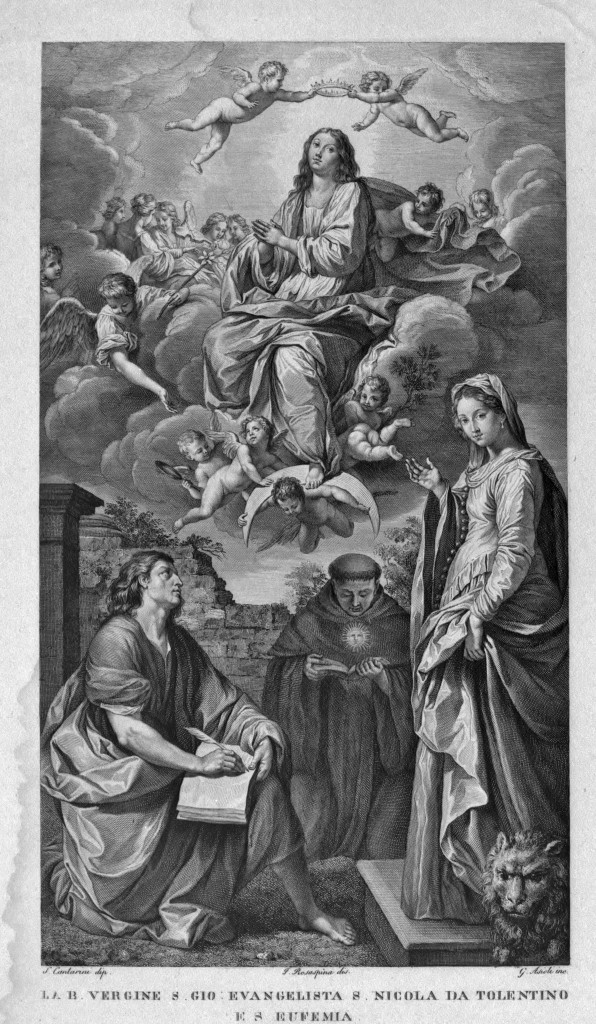 Madonna con San Giovanni Evangelista, San Nicola di Tolentino e Santa Eufemia (incisione) - ambito italiano (sec. XIX)