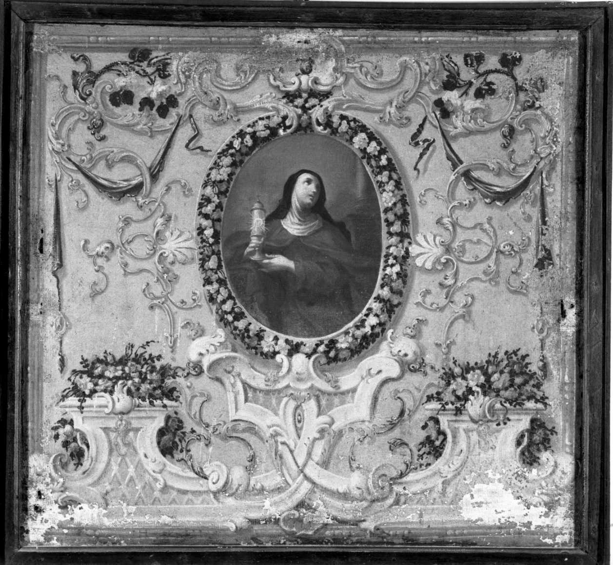 Medaglione con l'immagine di Santa Chiara su un fondo ornato a racemi, fiori e vari altri motivi decorativi, Santa (dipinto) - ambito emiliano, ambito romagnolo (sec. XVIII)